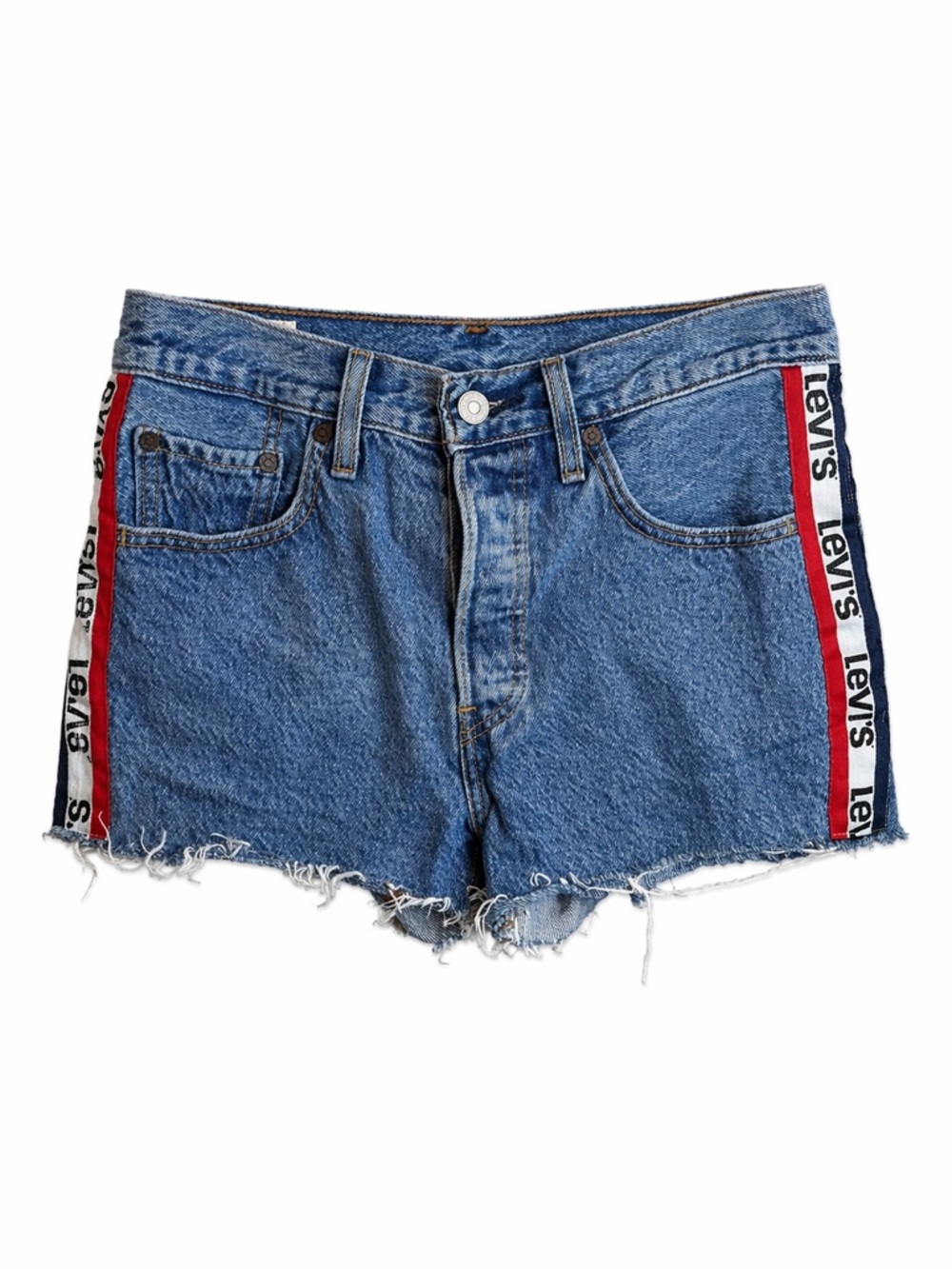 Levi’s 501 Shorts Red Side Stripe Denim Cutoff High Rise Vintage Style Sz 26
